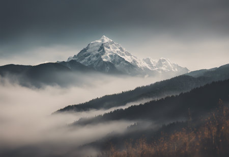 Mountain landscape with snow-capped peaks in the clouds.の素材