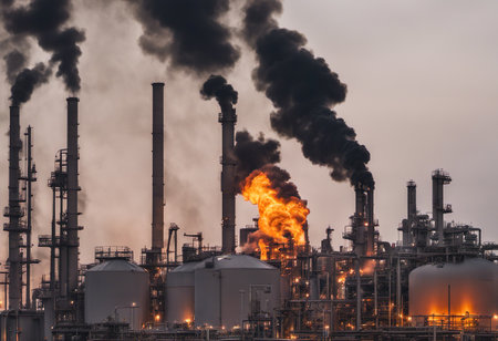 Oil and gas refinery plant at twilight, petrochemical industry.の素材