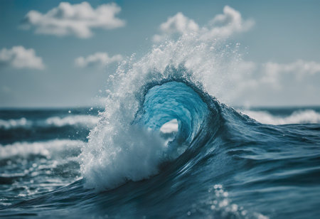 Blue ocean wave with splashes and crests close-up.の素材