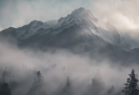 Mountain landscape with fog and clouds. Himalayas, Nepalの素材