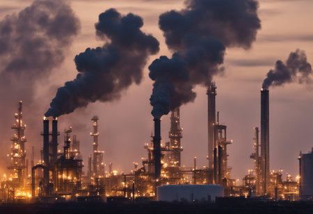 Oil refinery at twilight with smoke in the air. Oil and gas industryの素材