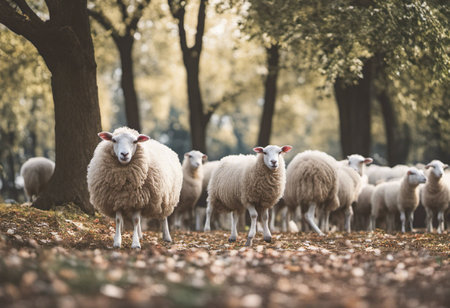 Flock of sheep in a row on a meadow in autumnの素材