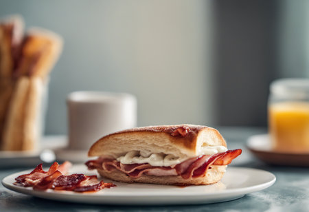 Breakfast with coffee, croissants and bacon on the tableの素材