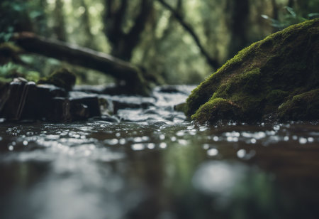 Mossy rocks and water flowing through a stream in the forestの素材