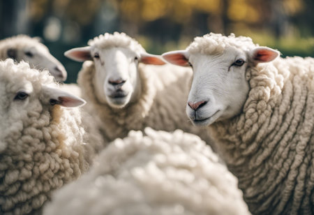 Sheep on the farm. Close-up of a flock of sheep.の素材