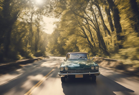 Old american car driving on the road in the forest at sunsetの素材