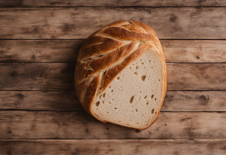 Sliced bread on wooden background. Top view, copy spaceの素材