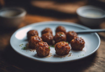 Meatballs with sauce on a white plate. Selective focus.の素材