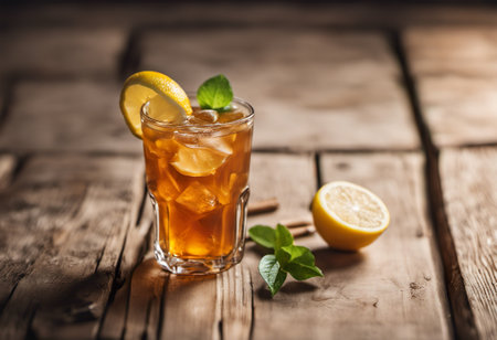 Iced tea with lemon and mint on a wooden background, selective focus.の素材