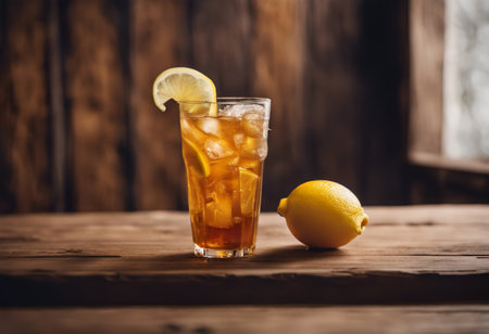 Glass of iced tea with lemon on wooden table, selective focusの素材