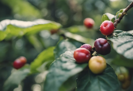 Coffee beans ripening on a branch in the garden.の素材