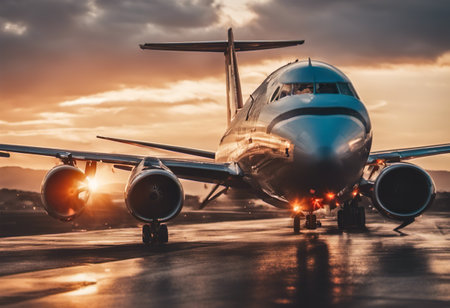 Airplane on the runway at sunset. Business travel and transportation concept.の素材