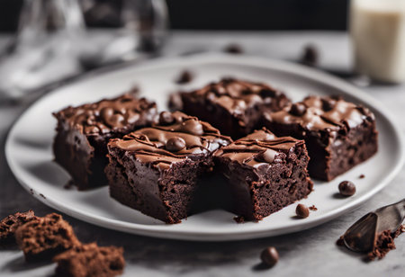 Chocolate brownies on a white plate. Selective focus.の素材