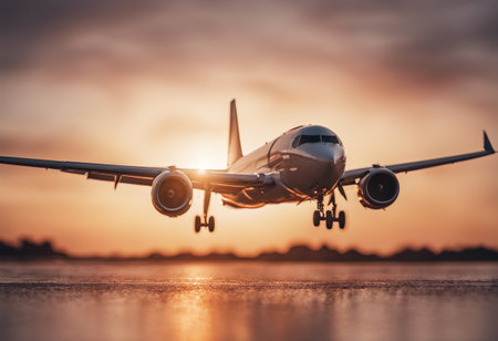Airplane flying in the sky at sunset background. Business travel concept.の素材