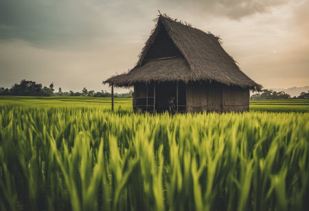 Rice field in the countryside of Thailand with thatched hut.の素材