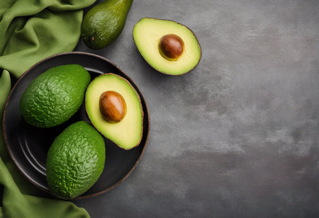 Fresh ripe avocados on grey background. Top view with copy spaceの素材