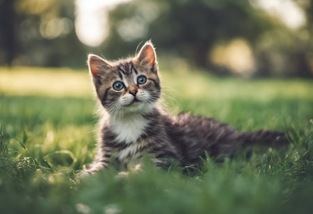 Cute little kitten on the green grass in the garden. Shallow depth of field.の素材