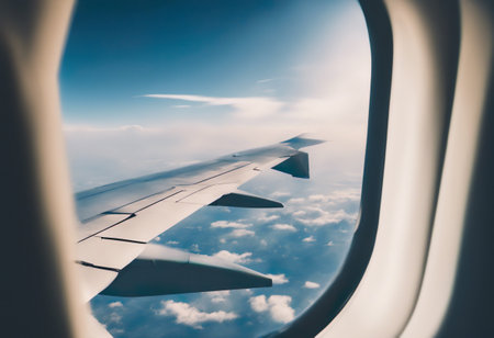 View from airplane window on wing and clouds. Traveling concept.の素材