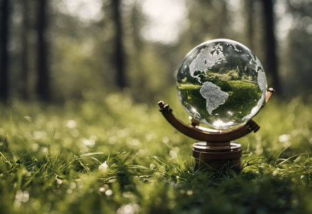 Globe on the grass in the forest. Earth Day concept.の素材