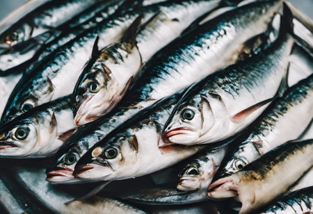 Fresh raw mackerel fish on a plate. Sea food backgroundの素材