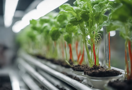 Organic hydroponic vegetable seedlings growing in a greenhouse.の素材