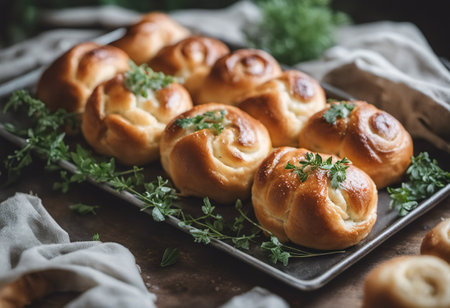 Homemade buns with fresh herbs on a rustic background.の素材