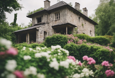Old house surrounded by flowers in the garden. Vintage style photo.の素材