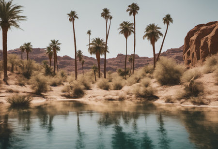 Landscape with palm trees and lake in Wadi Rum desert, Jordanの素材