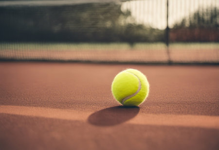 Tennis ball on tennis court with net in background - vintage filterの素材