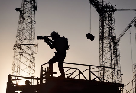 Silhouette of a cameraman on a construction site at sunsetの素材