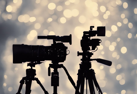 Professional video camera on tripod on blurred background with bokeh.の素材