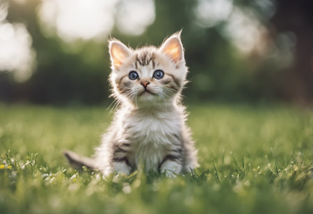 Cute little kitten sitting in the grass and looking at camera.の素材