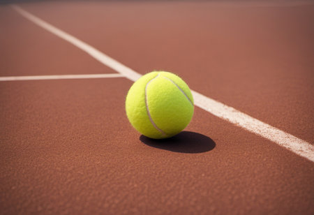 Tennis ball on the tennis court with a white line in the backgroundの素材