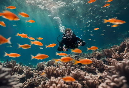 Scuba diver exploring the coral reef with fish in the Red Seaの素材