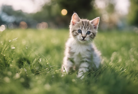 Cute little kitten sitting on the grass in the sunset light.の素材