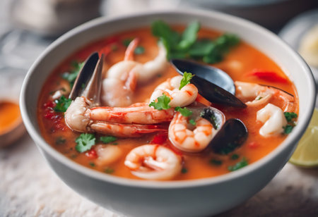 Tom yum soup with shrimps and mussels in bowlの素材