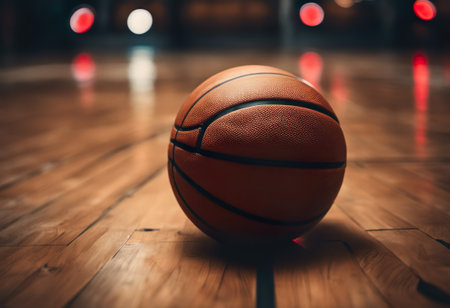 Basketball ball on wooden floor in basketball court. Sport concept.の素材