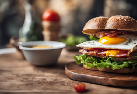 Hamburger with fried egg, bacon and vegetables on wooden tableの素材