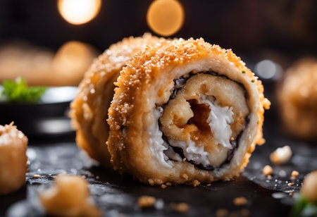 Sushi roll on a black plate. Japanese food. Selective focus.の素材