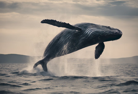 Humpback whale splashing in the ocean, Iceland. Toned.の素材