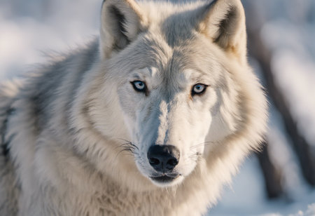 Portrait of a beautiful white wolf in the winter forest. Close-up.の素材