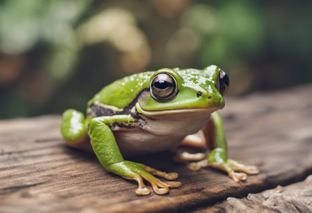 European Tree Frog (Hyla arborea) on a wooden backgroundの素材