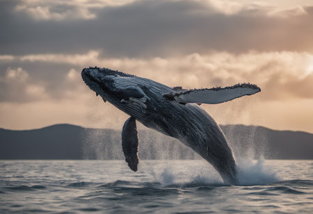Humpback whale jumping out of the water at sunset in the oceanの素材
