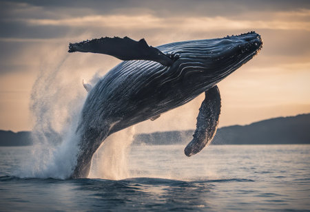 Humpback whale splashing out of the water at sunset.の素材