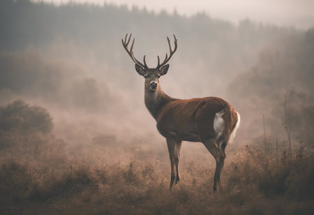 Majestic Red Deer Buck in Autumn Fall landscape with fog.の素材
