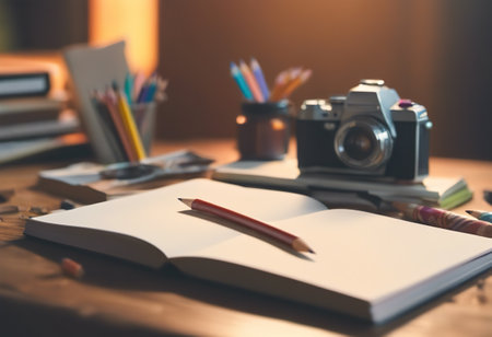 Vintage camera, pencils and notebook on wooden table in officeの素材