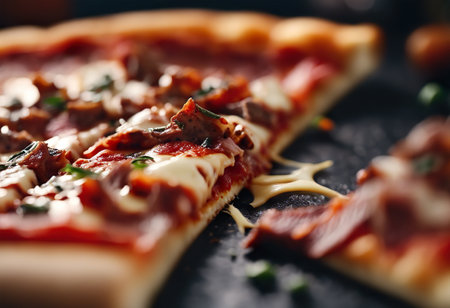 Pizza with prosciutto and mozzarella on black backgroundの素材