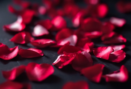 Red rose petals on black background, shallow depth of field.の素材