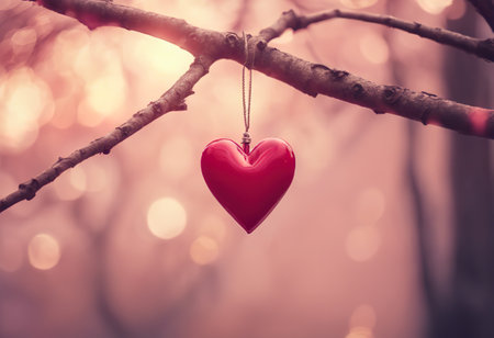 Red heart hanging on a tree branch with bokeh background.の素材