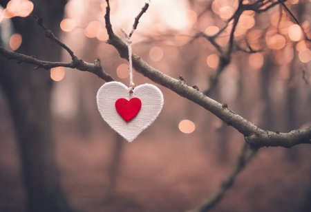 Valentine's day background with heart on tree branch in forestの素材